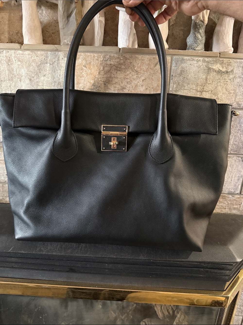 Claudia Classic Black Leather Tote Bag with Gold Hardware
